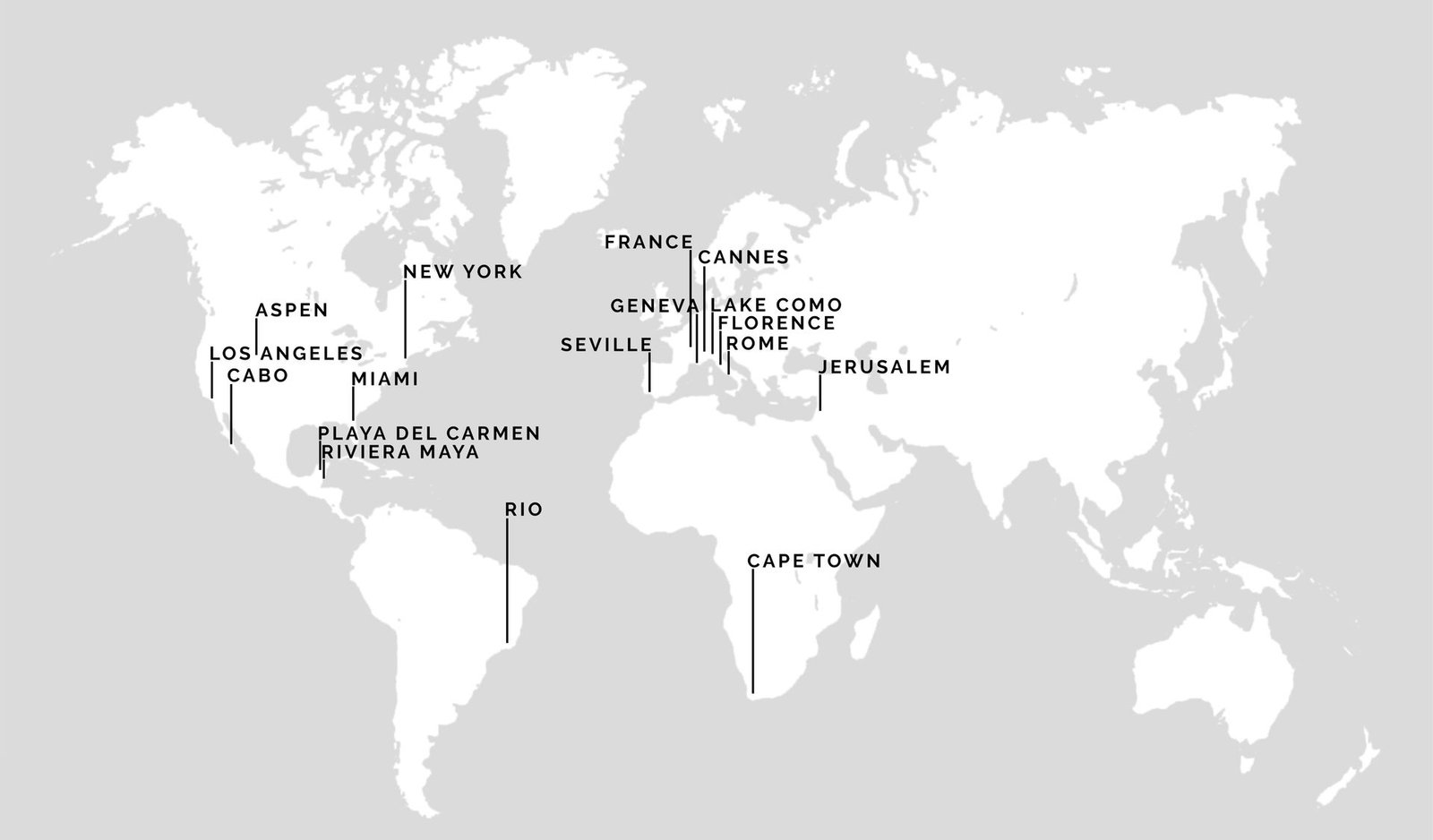 Global destination map featuring luxury event locations worldwide.